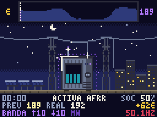 Animación pixel-art de la batería durante el 10 de septiembre de 2026: vende en el pico de la mañana, se recarga con el sol, reserva banda para REE y vuelve a vender por la noche.